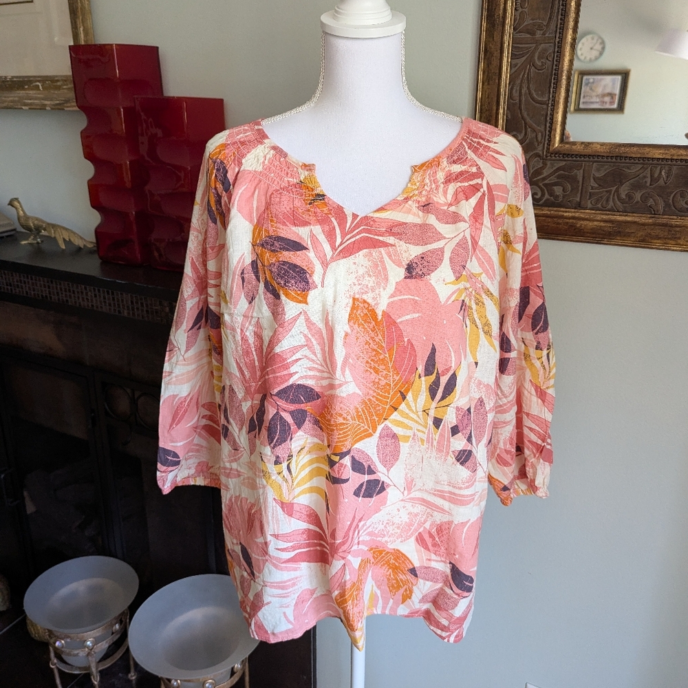 Naturals D&Co Women's Large Pink Orange Leaf Linen-blend 3/4 Sleeve Blouse 124